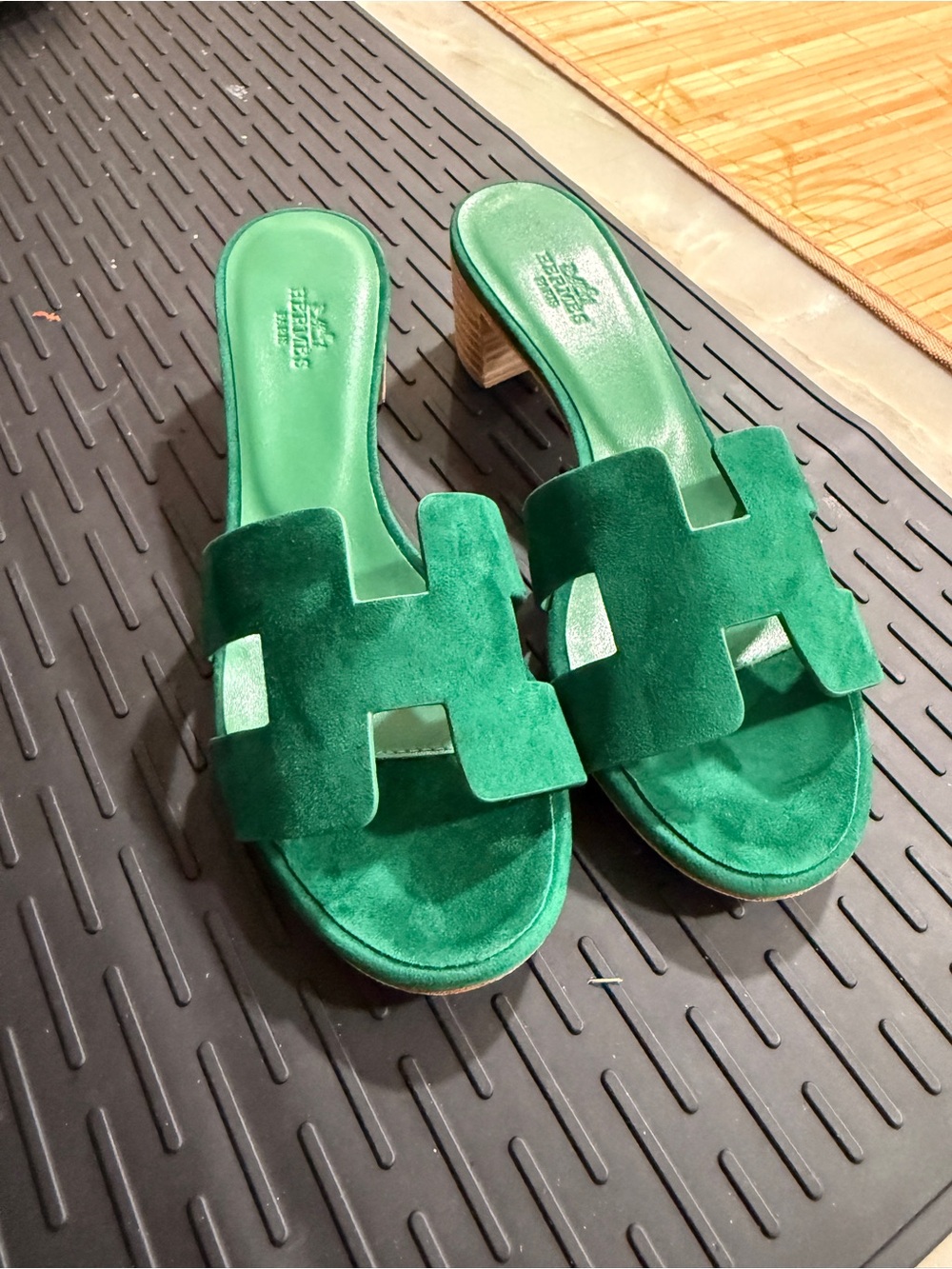 Hermes Green Suede H Oran Slide Mules